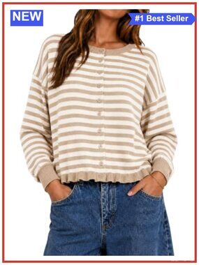 Striped Knit Cardigan Ruffle Hem Crop Button Down Sweater